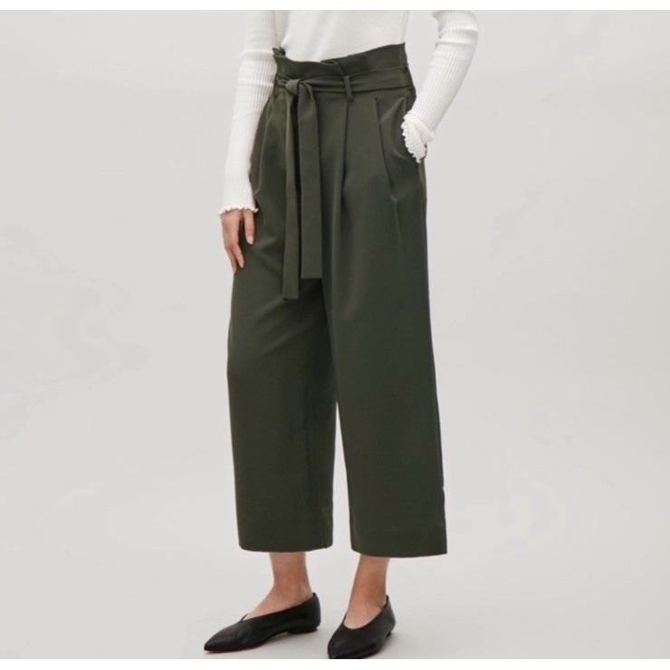 Cos Green Wide Leg Paper Bag Waist Cropped Pants Tie Belt Pleated Size 6 Career